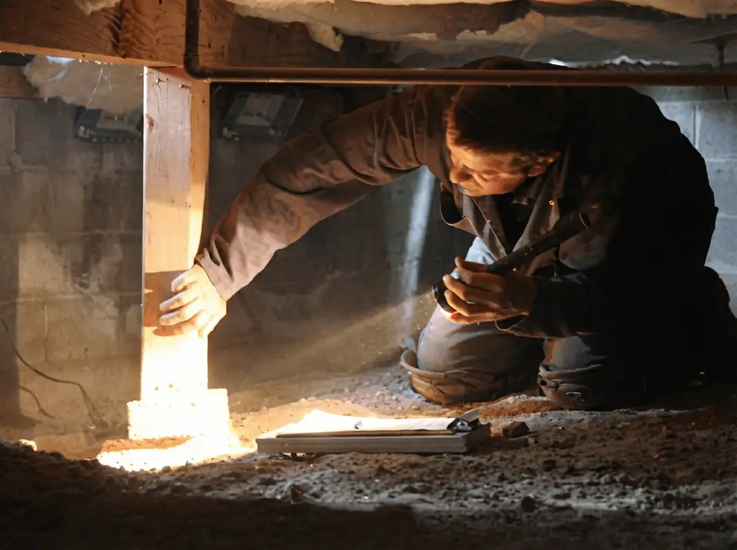 A professional inspecting wooden beams under the floor of a structure in San Francisco, CA