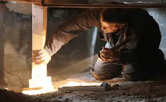 A professional inspecting wooden beams under the floor of a structure in San Francisco, CA